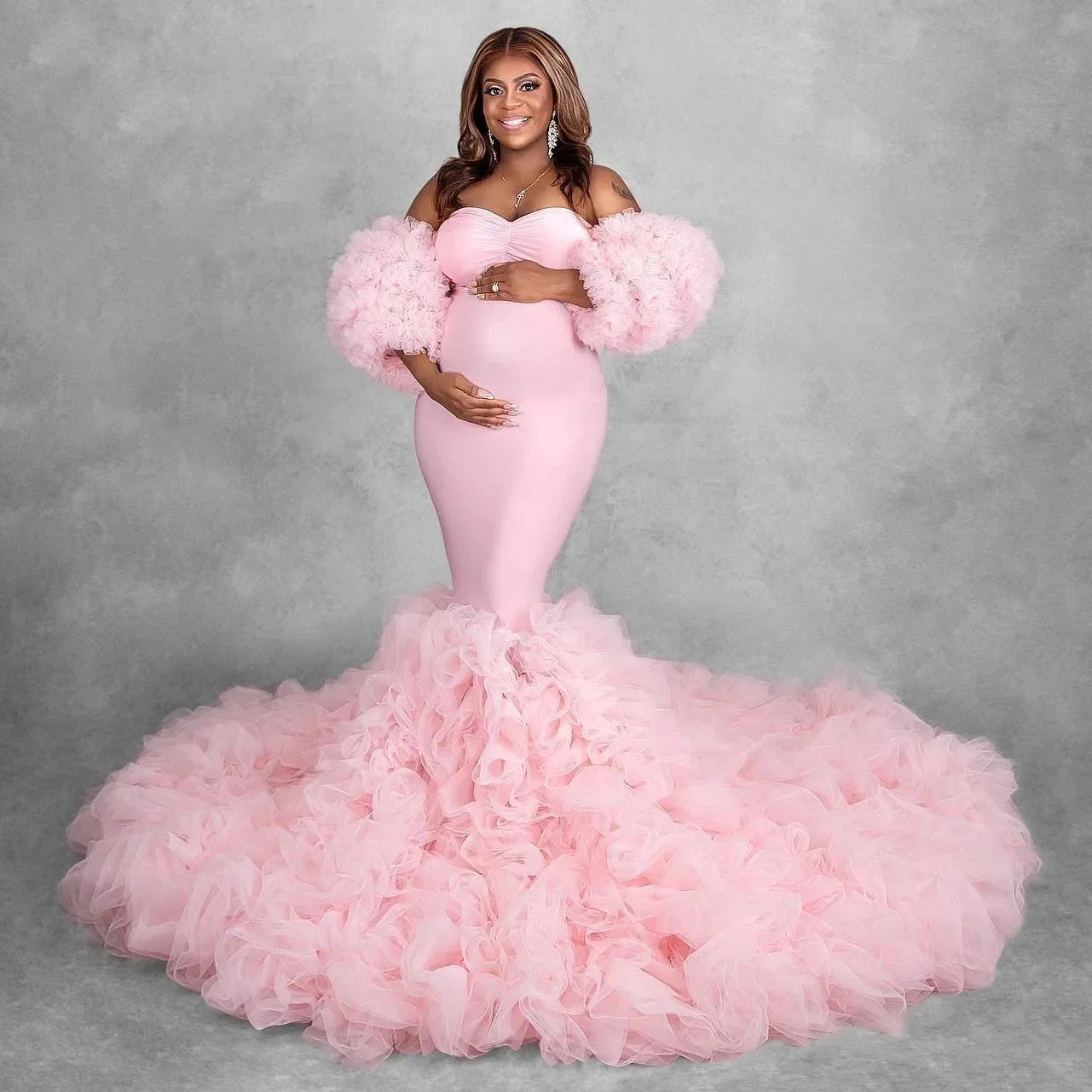 nvxiot - Real Image Floral Ruffled Bridal Maternity Dress Sexy Slit Elastic Maternity Dresses Photoshoot Baby Shower Baby Shower