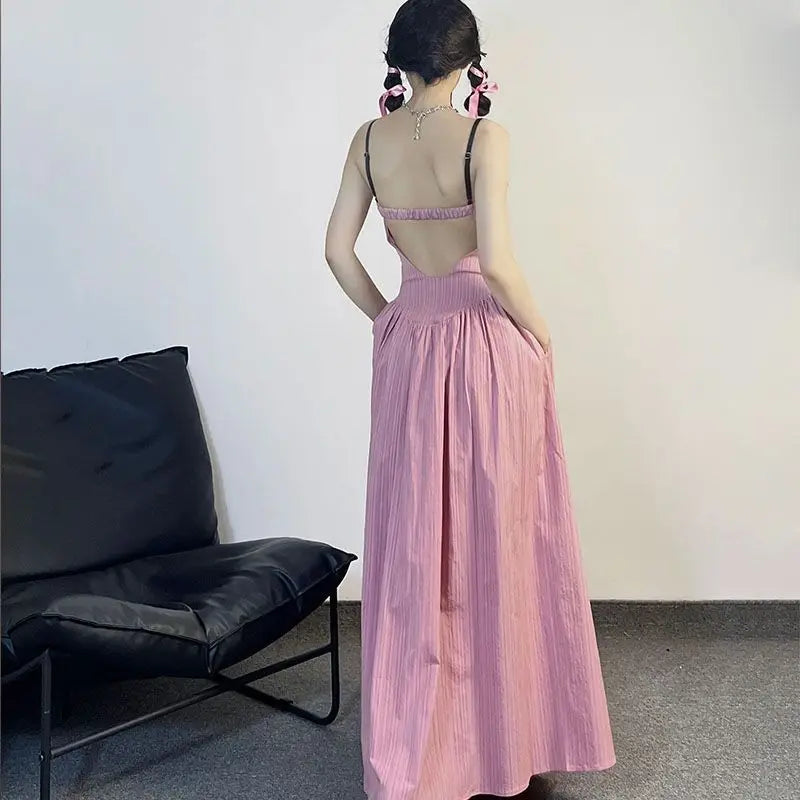 MQTIME - Midi Long Sleeveless Hollow Backless Sexy Elegant Pink Dress Women Maxi Dresses Summer y2k cloth fairycore 00s grunge aesthetic
