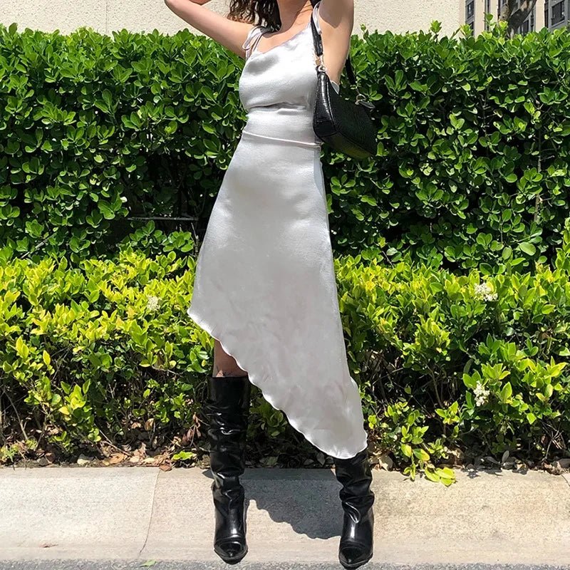 nvxiot - Summer Fashion Women's New Solid Color Sexy Self-cultivation Halter Square Sling Irregular Dress Neck Bag Arm Hollow Strap