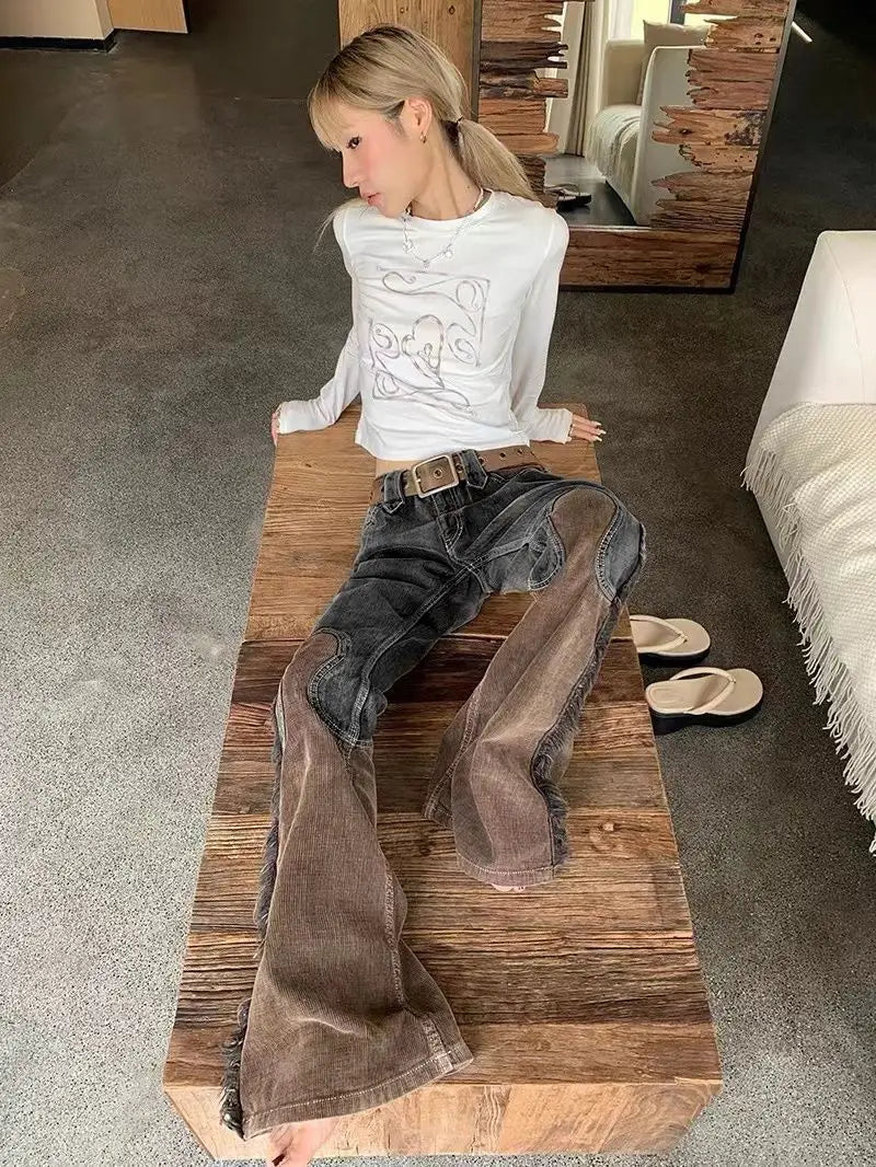nvxiot - Vintage Panels Fringed Jeans Distressed Straight-leg Pants Irregular Panels Baggy Trousers High Waisted Jeans Streetwear Women
