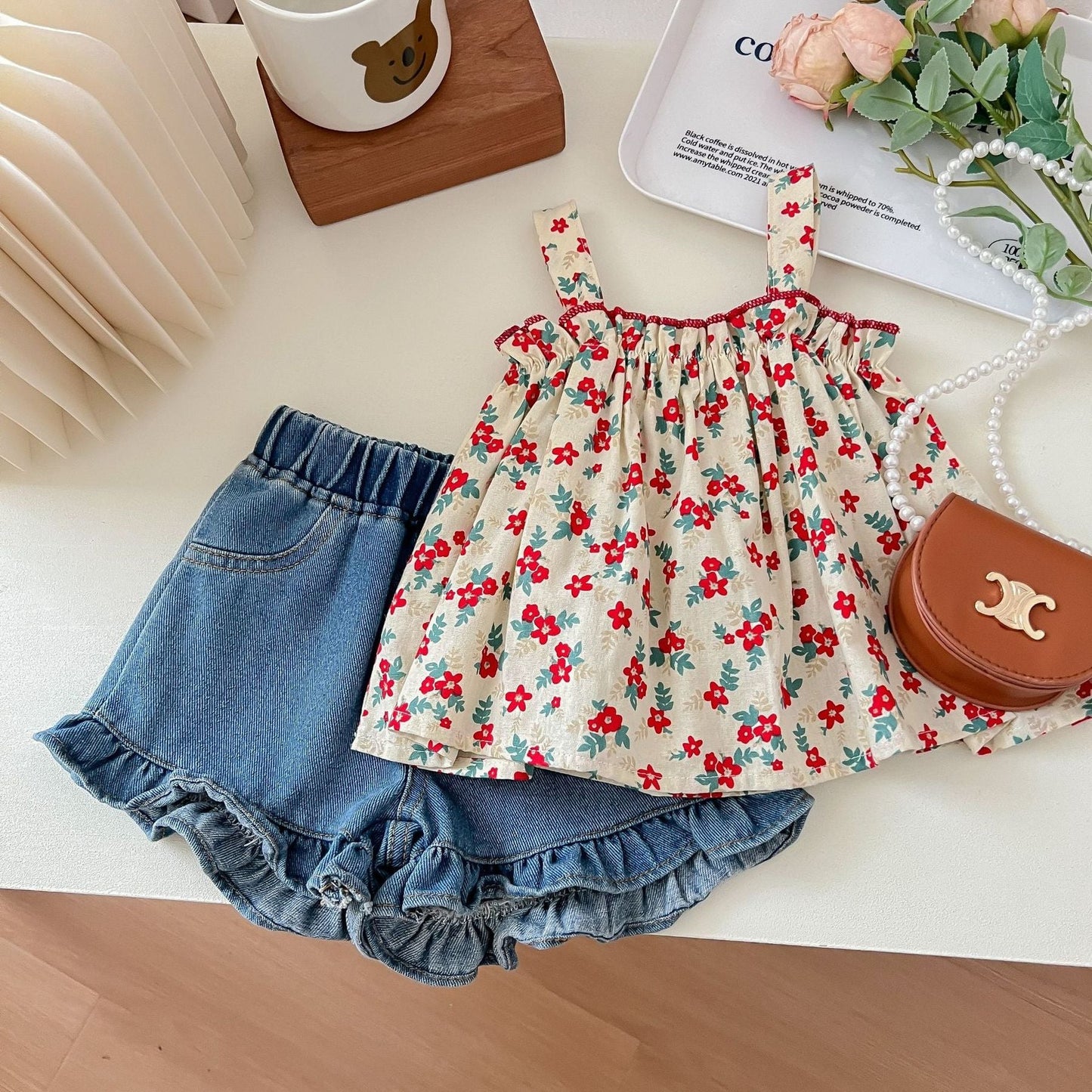 nvxiot Summer Baby Girl Clothes Sets Floral Sleeveless Sling Top + Denim Shorts Kids Clothes Girl Fashion Pastoral Style Shorts Outfits