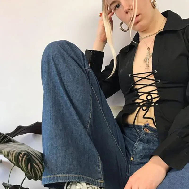 MQTIME - 90s Aesthetics Striped Printing Tie Up Top Y2K Fashion Turn-down Collar Long Sleeve Shirts Vintage Bandage T-shirts Sexy 2024