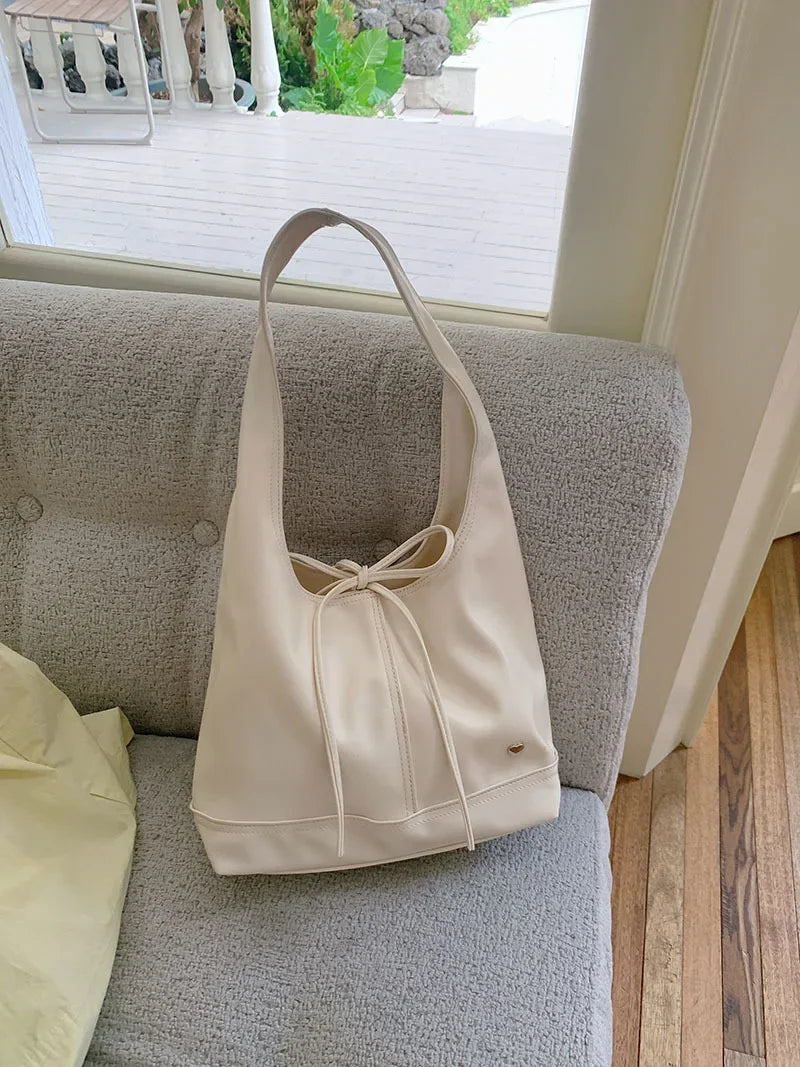 nvxiot - White Elegant Shoulder Bag for Women Korean Style Fashion Solid Color Tote Bag Pu Leather Casual Designer Ladies Handbag