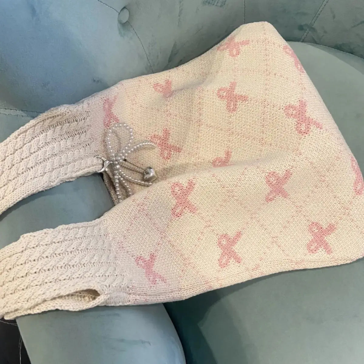 nvxiot - Harajuku Bow Knitted Bag Women Fairycore Aesthetic Large Capacity Casual Tote Bag Female Vintage Y2k Handbag Purse Chic