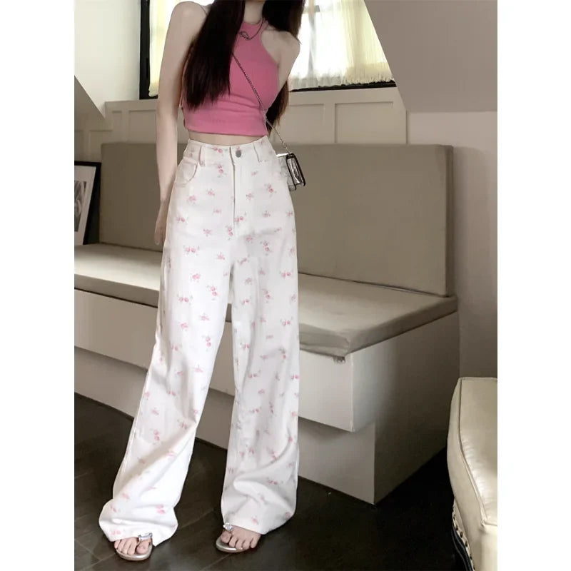 nvxiot Korean Floral Printed Sexy Slim Casual Jeans Women Summer New High Waist Fashion All Match Wide Leg Pants