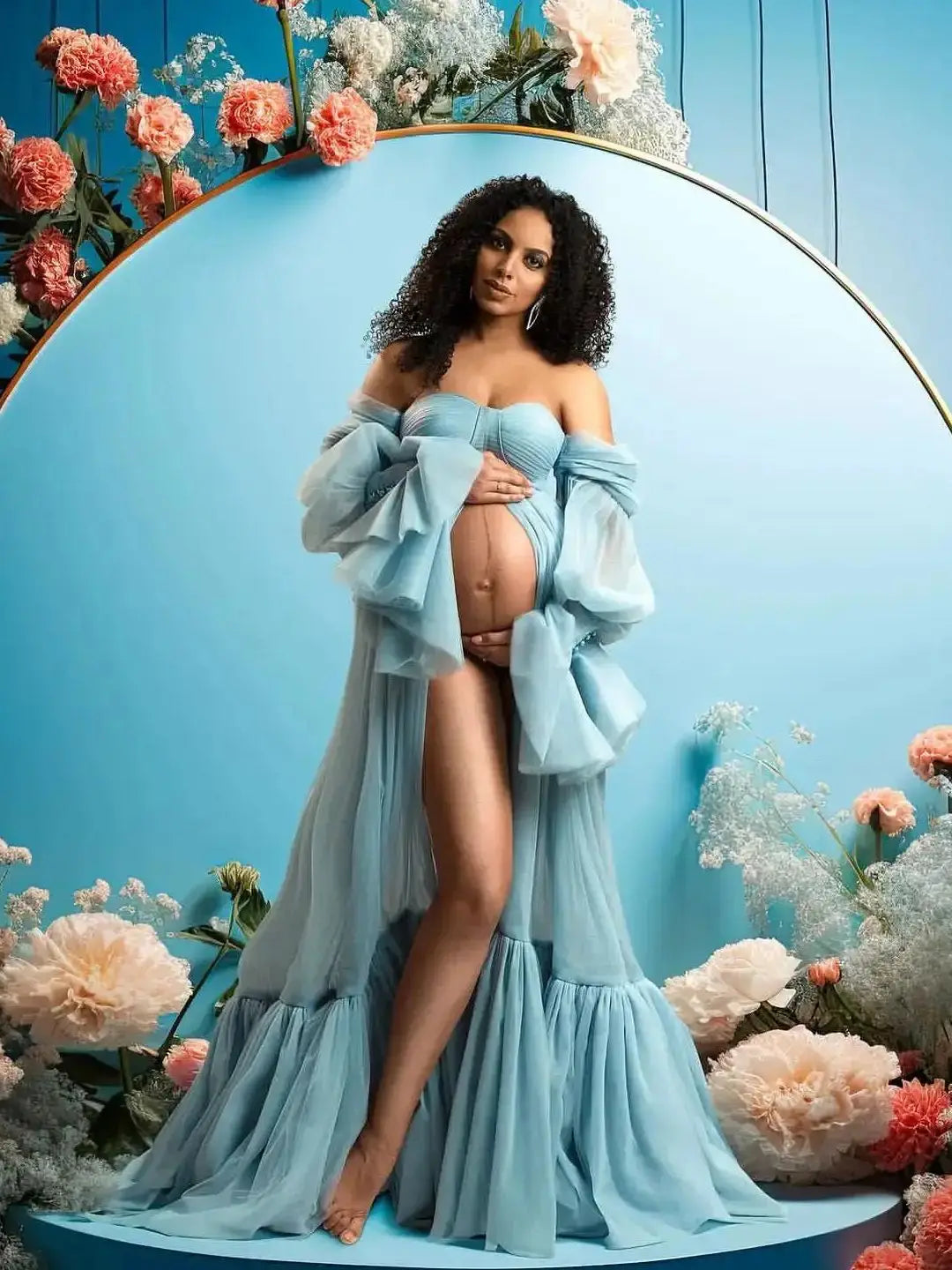 nvxiot - New Sky Blue Maternity Dress for Photography Boho Gala Dress Pregnancy Photo Shoot Dresses Women Front Slit Baby Shower Robes