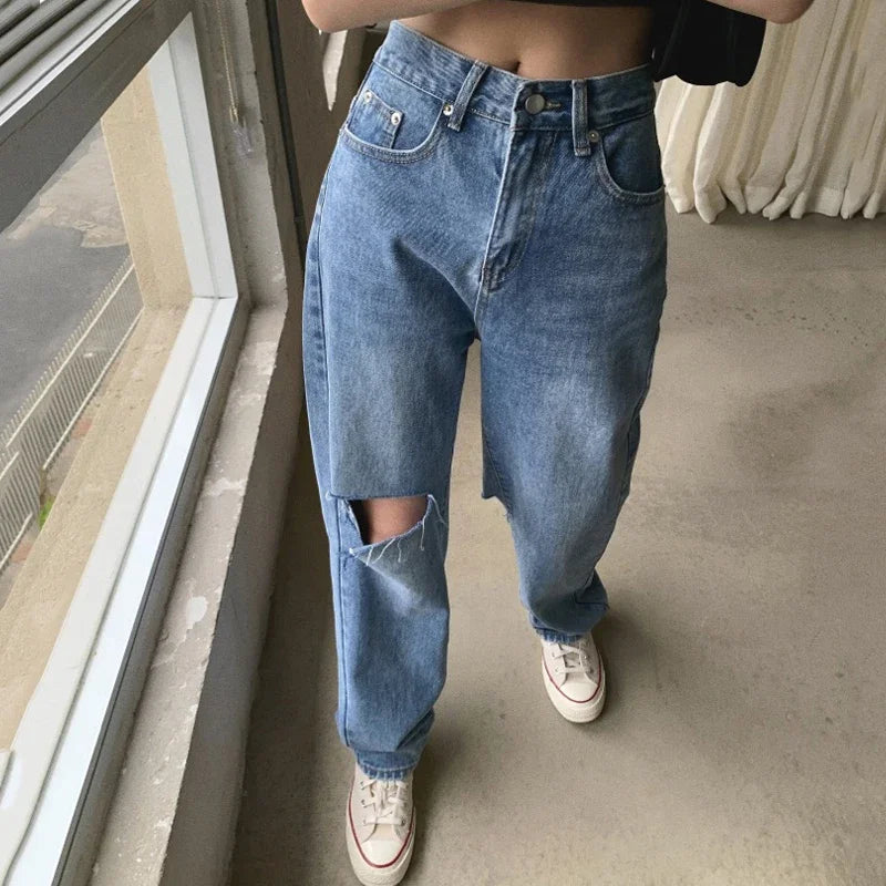 nvxiot - New Summer Women High Waist Straight Jeans Street Style Casual Ripped Hole Jeans Female Blue Washed Loose Pop Denim Pants