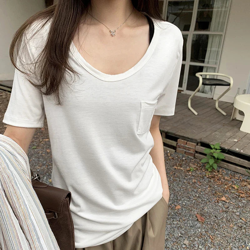 nvxiot - Round neck white shoulder short sleeved T-shirt 2024 spring/summer new casual versatile chic pocket design feeling lazy top