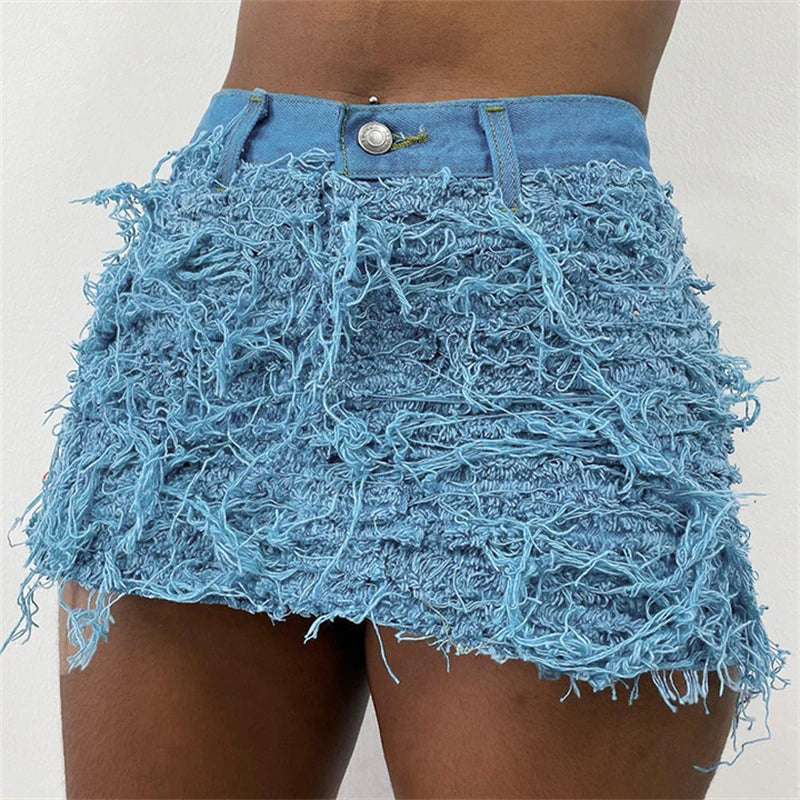 nvxiot - Tassel Holes Denim Mini Skirts Women Fashion Button Fly High Waist Jeans Petticoat Female Y2K Streetwear Wholesale Drop Shipping