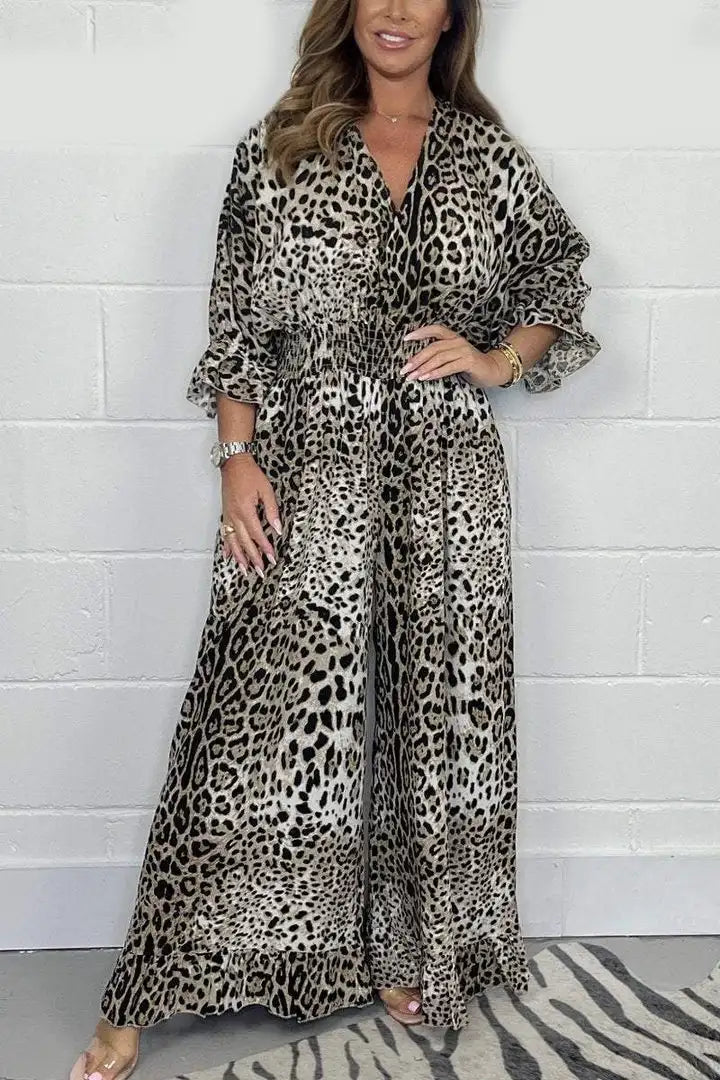 MQTIME - Leopard Print Casual loose Jumpsuits for Women Sexy Elegant Long Straight Pants Busineess Wide Leg Jumpsuit Dressy Party