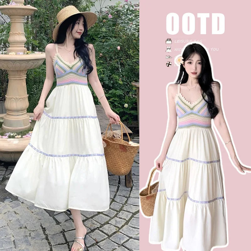 nvxiot - National Trend Pregnant Woman Summer Holiday Dress Sleeveless Knitted Striped Patchwork Chiffon Dress Maternity Beach Clothes