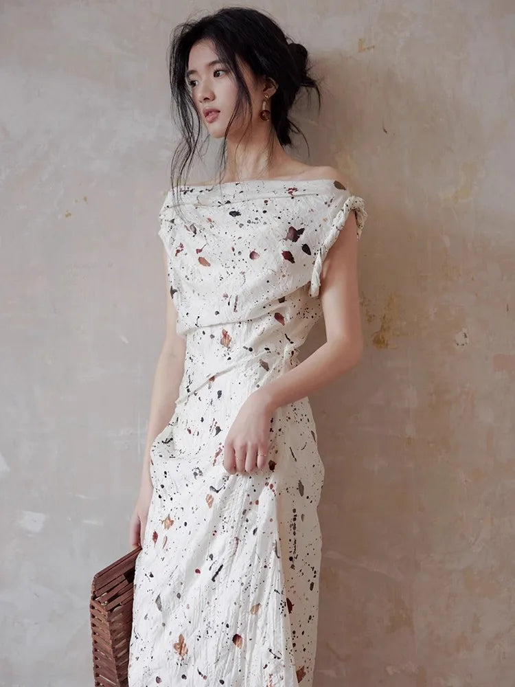 MQTIME - White Printed One Line Collar Dress For Women With Retro Slim Fit, Pleated Feeling, Off The Shoulder Asymmetrical Elegant Long S