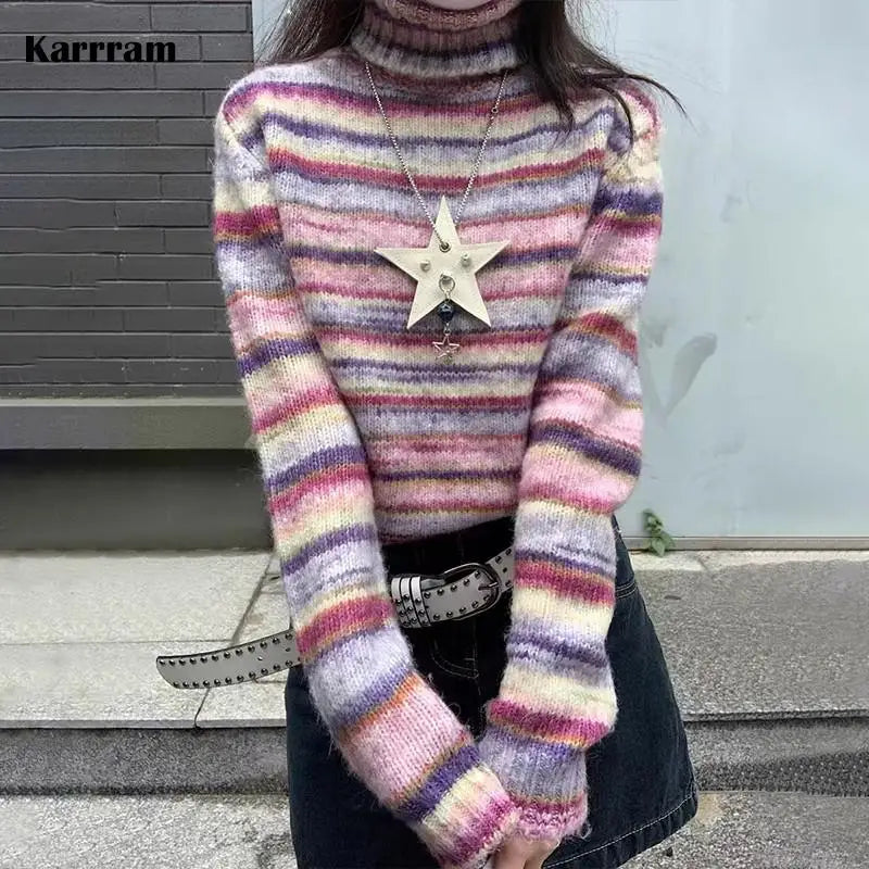 nvxiot - Japanese Y2k Turtleneck Sweater Vintage Rainbow Striped Pullover Korean Fashion Knitted Jumper Harajuku Grunge Knitwear