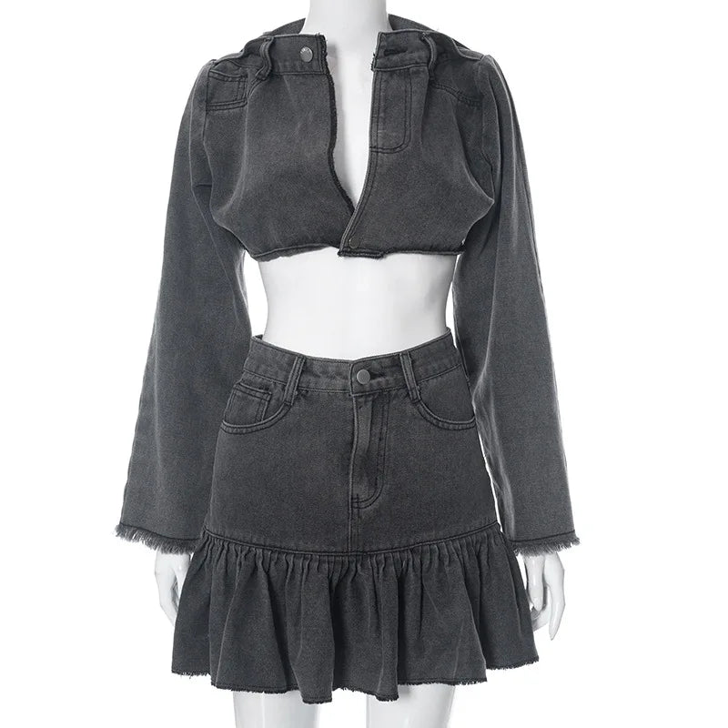 nvxiot - Autumn Winter Jeans Two Piece Set Women Buttons Tassel Full Sleeve Crop Tops High Waist Slim Ruffles Mini Skirt Denim Streetwear