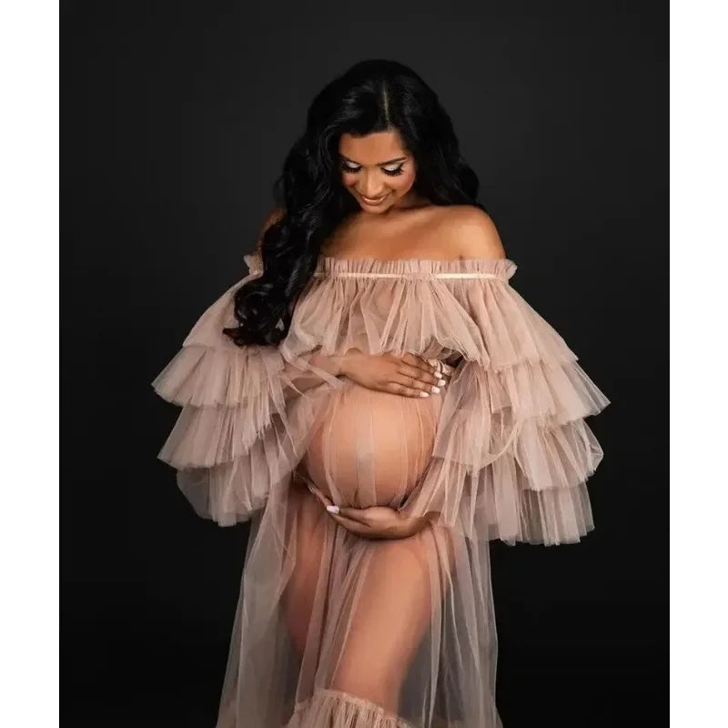 nvxiot - Dusty Pink See Thruough Maternity Dresses Tiered Tulle Off Shoulder Sheer Maternity Photography Dress Baby Shower
