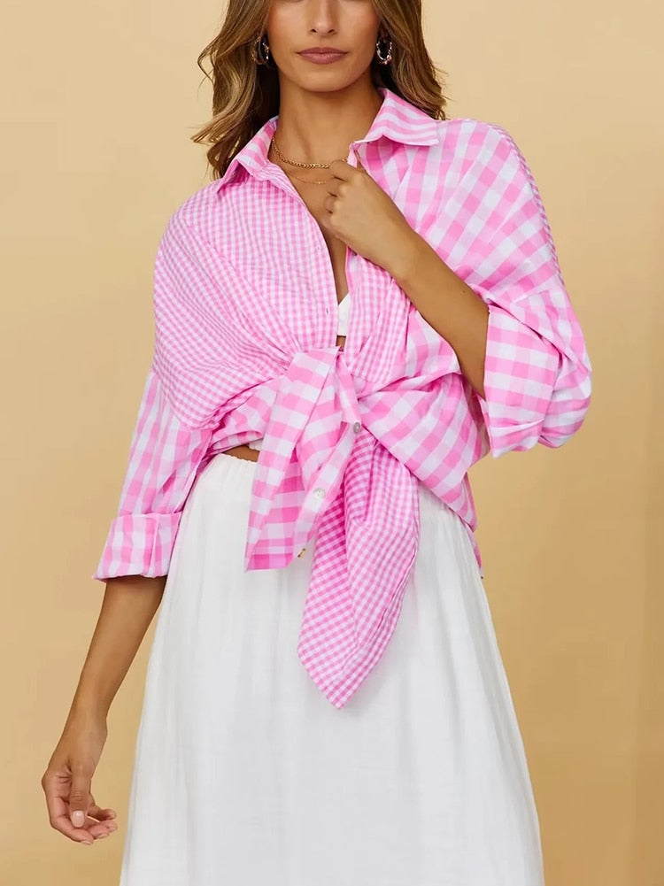 nvxiot GypsyLady Plaid Elegant Chic Blouse Shirt Boyfriend Spring Autumn Women Blouse Green Pink Long Sleeve Casual Holiday Ladies Tops