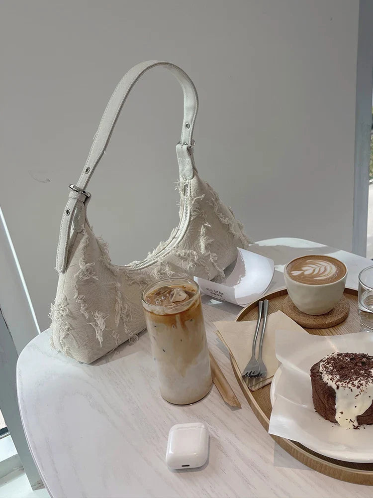nvxiot - Celebrity Same Style Bag Ins Blogger Baguette Stitching Canvas Patch Tassel Bag Retro Single Shoulder Armpit Bag for Women