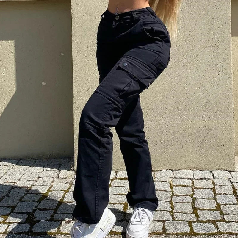 nvxiot - Straight Leg Cargo Pants Women High Waist Casual Pants Slim Vintage Y2k Streetwear Stretch Wide Leg Trousers Fashion Jeans