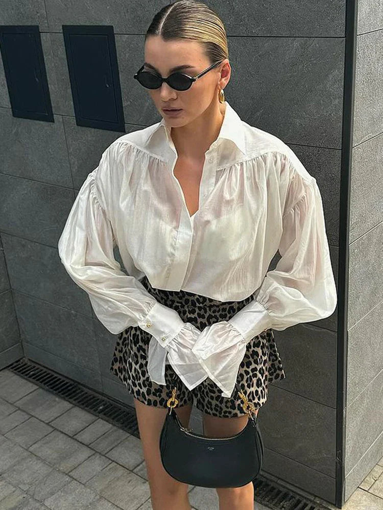 nvxiot - Autumn See-Through Casual Shirts Top For Women Loose Slim Long Sleeve Lapel Cardigan Streetwear Women's Pleated Shirts Top