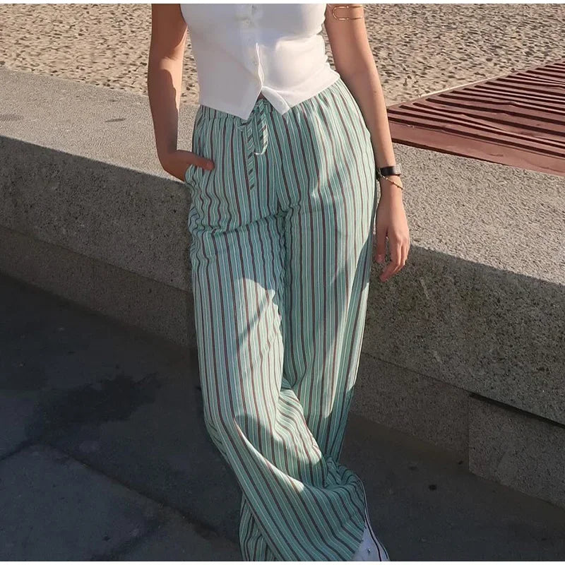 nvxiot - Striped Pants Suit Two-Piece Set 2024 Summer Lace Up Hollow V-neck Vest Drawstring Wide Leg Trousers Sets Fashion Lady Outfits