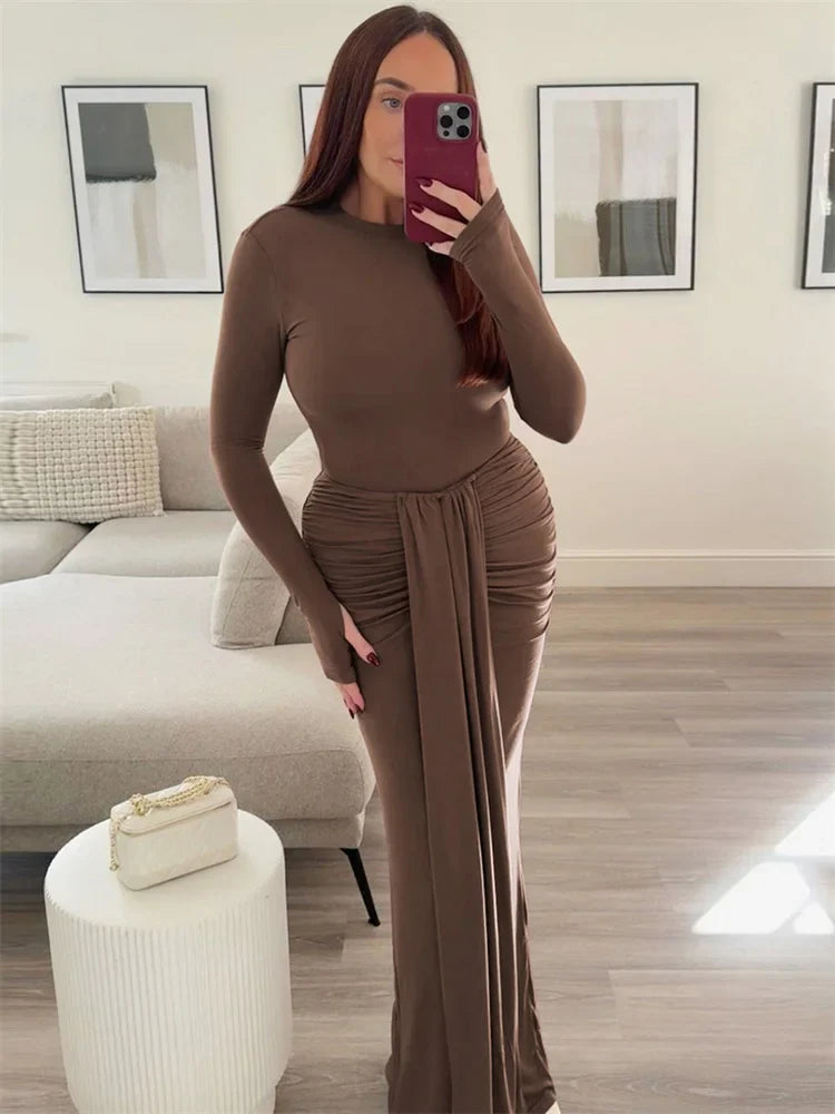 nvxiot - Pleated Tassel Slim Maxi Dress For Women Patchwork Lace-Up Elegant Fashion Solid Bandage Autumn Dress Female Party Dress