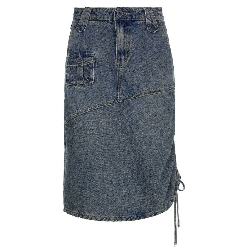 nvxiot Vintage Denim Jeans Skirt Women Autumn High Street Casual Drawstring Pleated Pocket Midi Skirts Bottoms Y2K Clothing