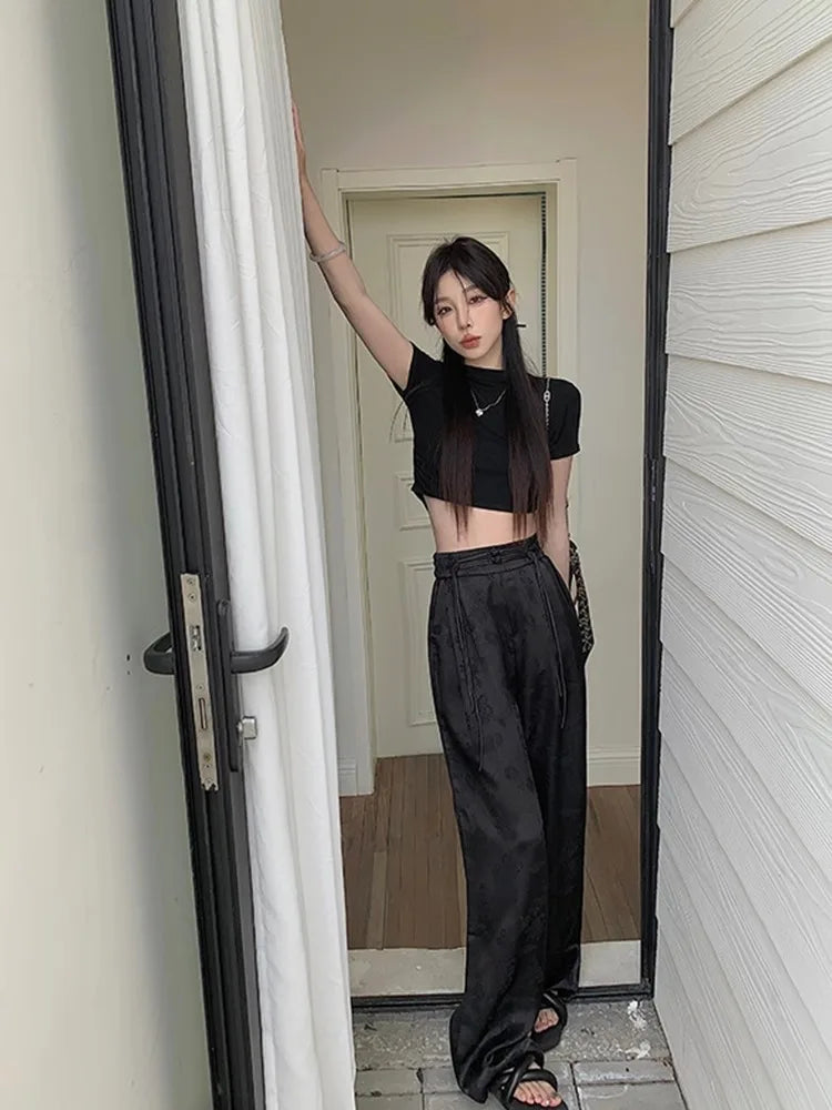 nvxiot - Satin Flower Graphic Long Pants Women Elastic High Waisted Wide Leg Pants Chinese Style Fashion Summer Loose Trousers