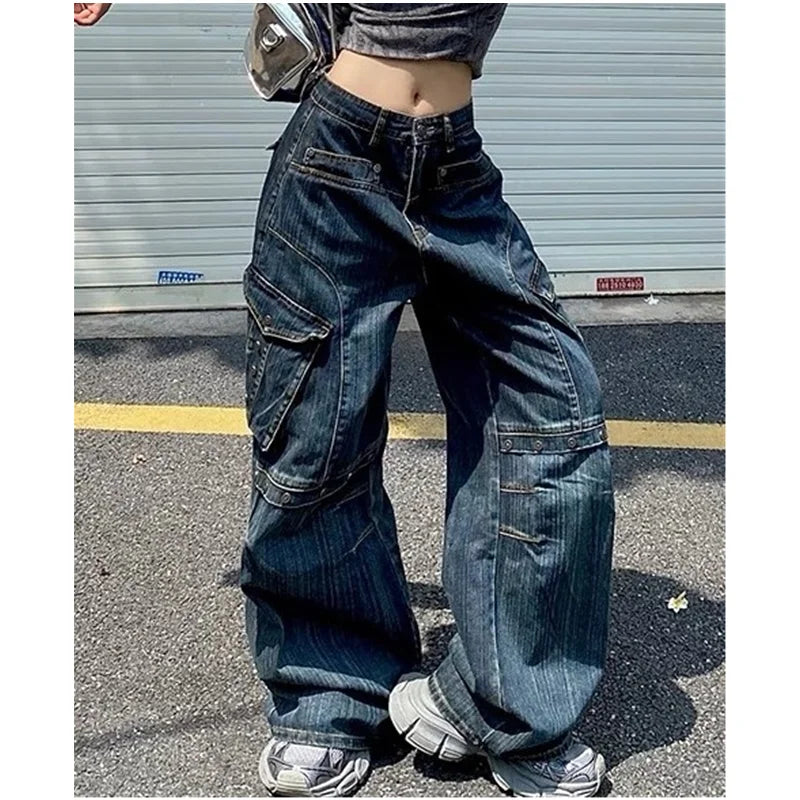MQTIME - Summer Womens Jeans High Waist Baggy Casual Vintage Y2K Plus Size Straight Cargo Pants Street American Wide Leg Denim Trouser