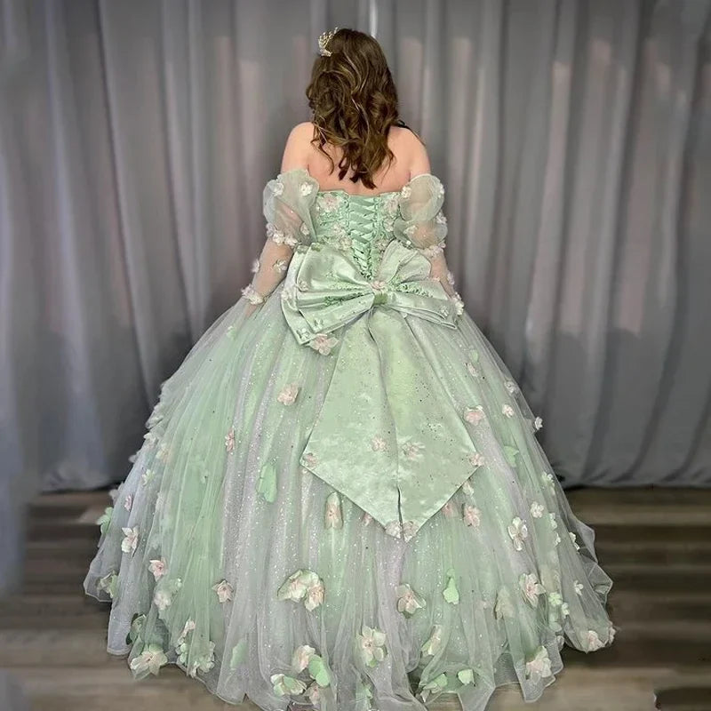 MQTIME - Sage Green Sweet Princess Quinceanera Dress Bead Appliques 3D Flower Vestidos De Birthday Party Graduation Ball