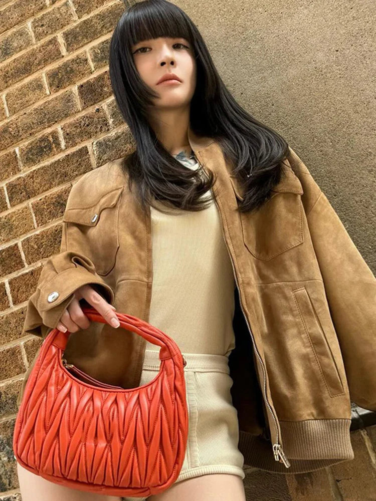 nvxiot - New Suede Zipper Thin Jacket Women Classic Solid Color Loose Pockets Coats Female Autumn Retro Casual Short Jackets Outwear