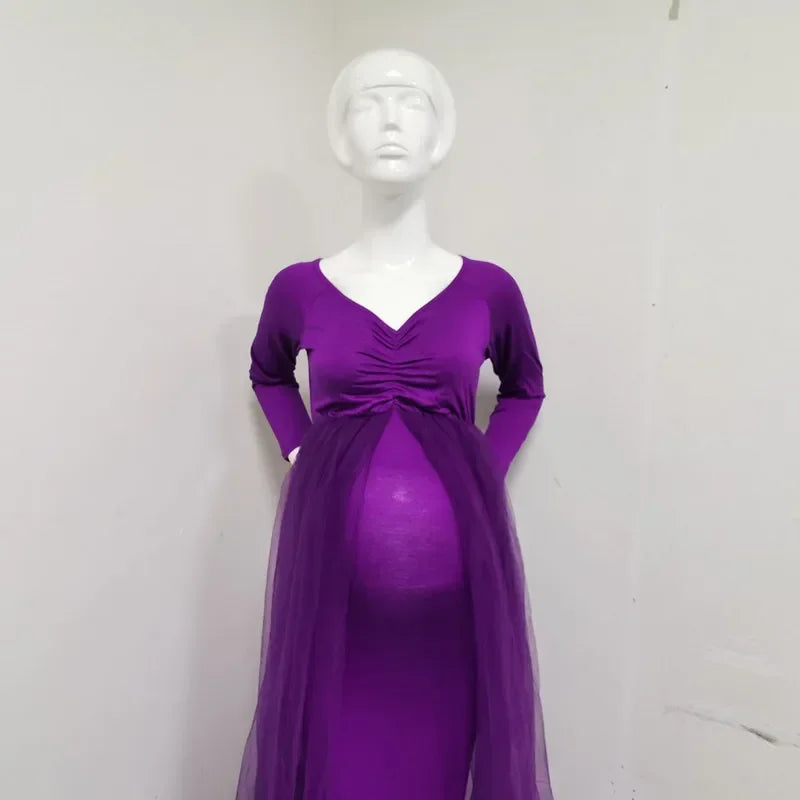 nvxiot - Summer Maternity Tulle Long Dresses Baby Shower Cotton Dress Stretchy Pregnancy Photography Dress with Cape Long Train