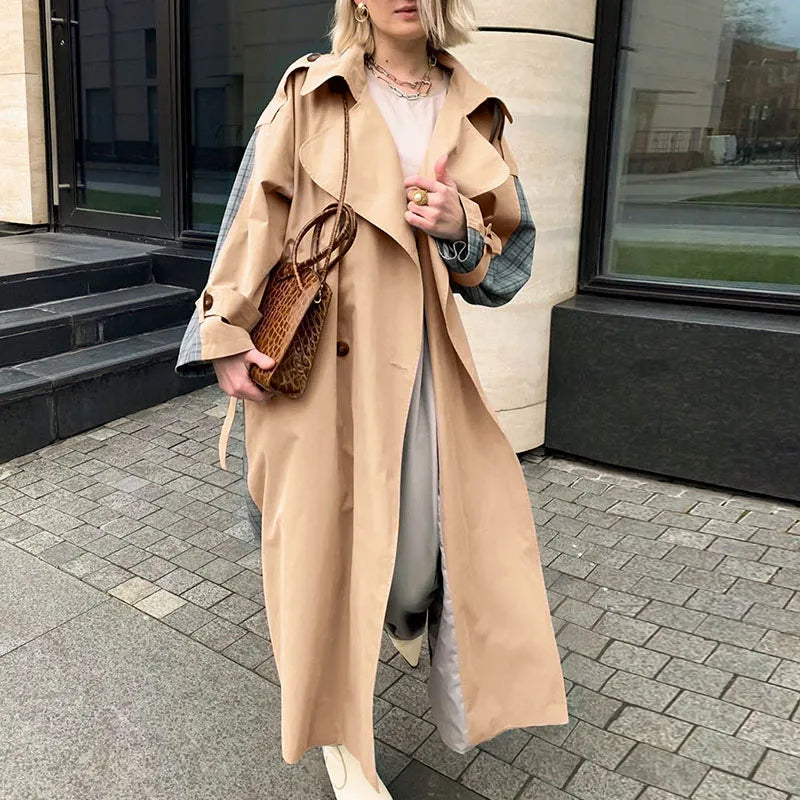 MQTIME - Fashion Causal Light Tan Autumn Winter Trench Windbreaker Split Joint Elegant Long Sleeve Coat Plaid Long Women Coat with Belt