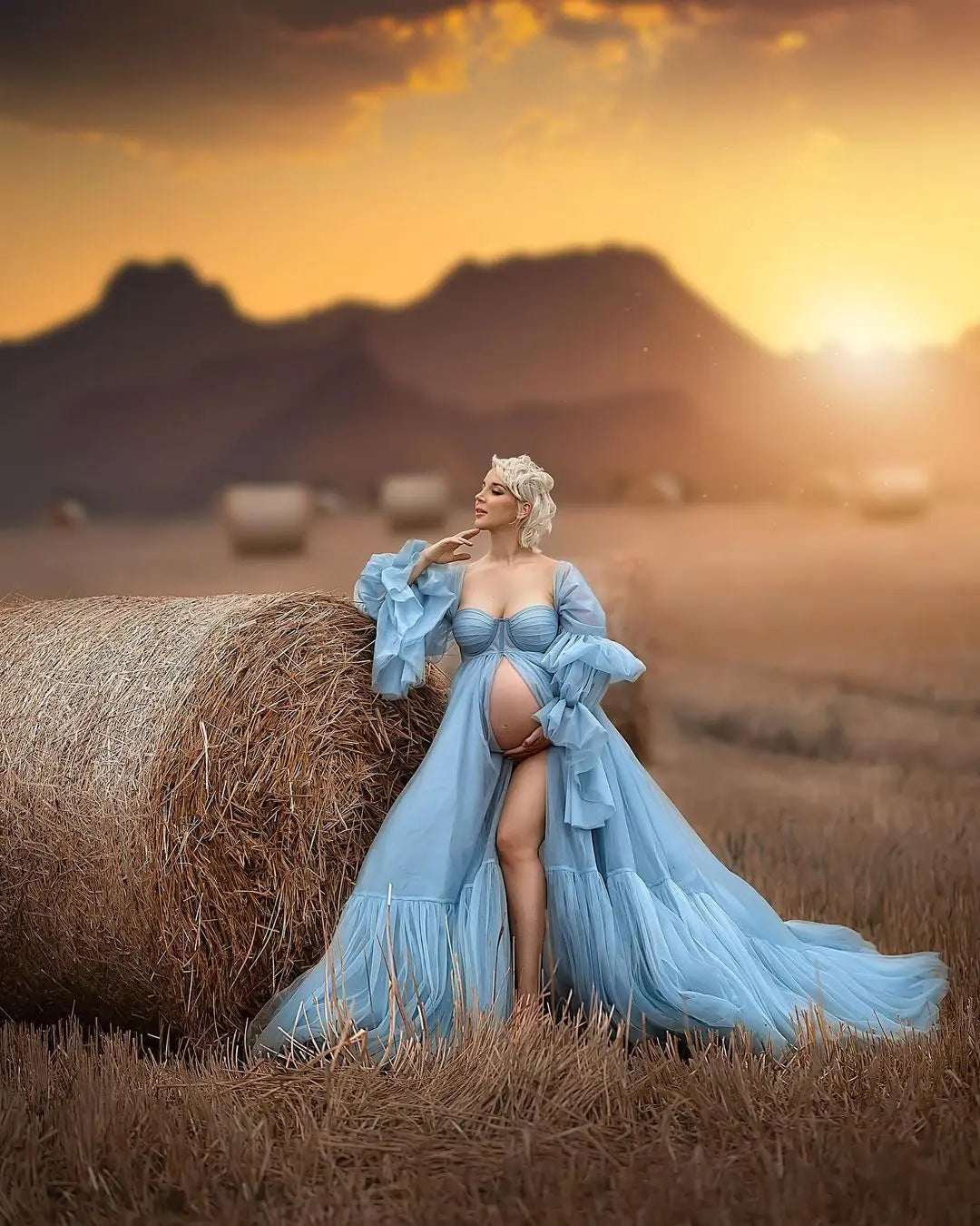 nvxiot - Pretty Blue Maternity Photography Dresses Fluffy Tulle Tiered Long Sleeves Pregnant Woman Maternity Gown Photography Dress 2024