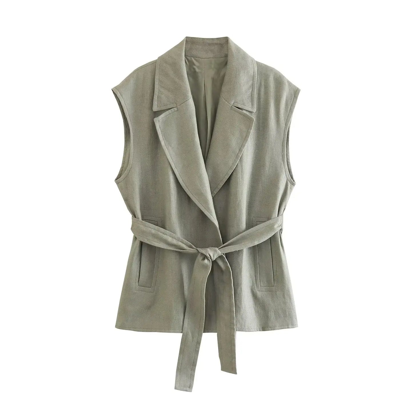 MQTIME - Elegant Women Vest Suit Lapel Sleeveless Vests Pocket Belt Slim Casual Coat+Vintage Drawstring Folds Slim Long Pant
