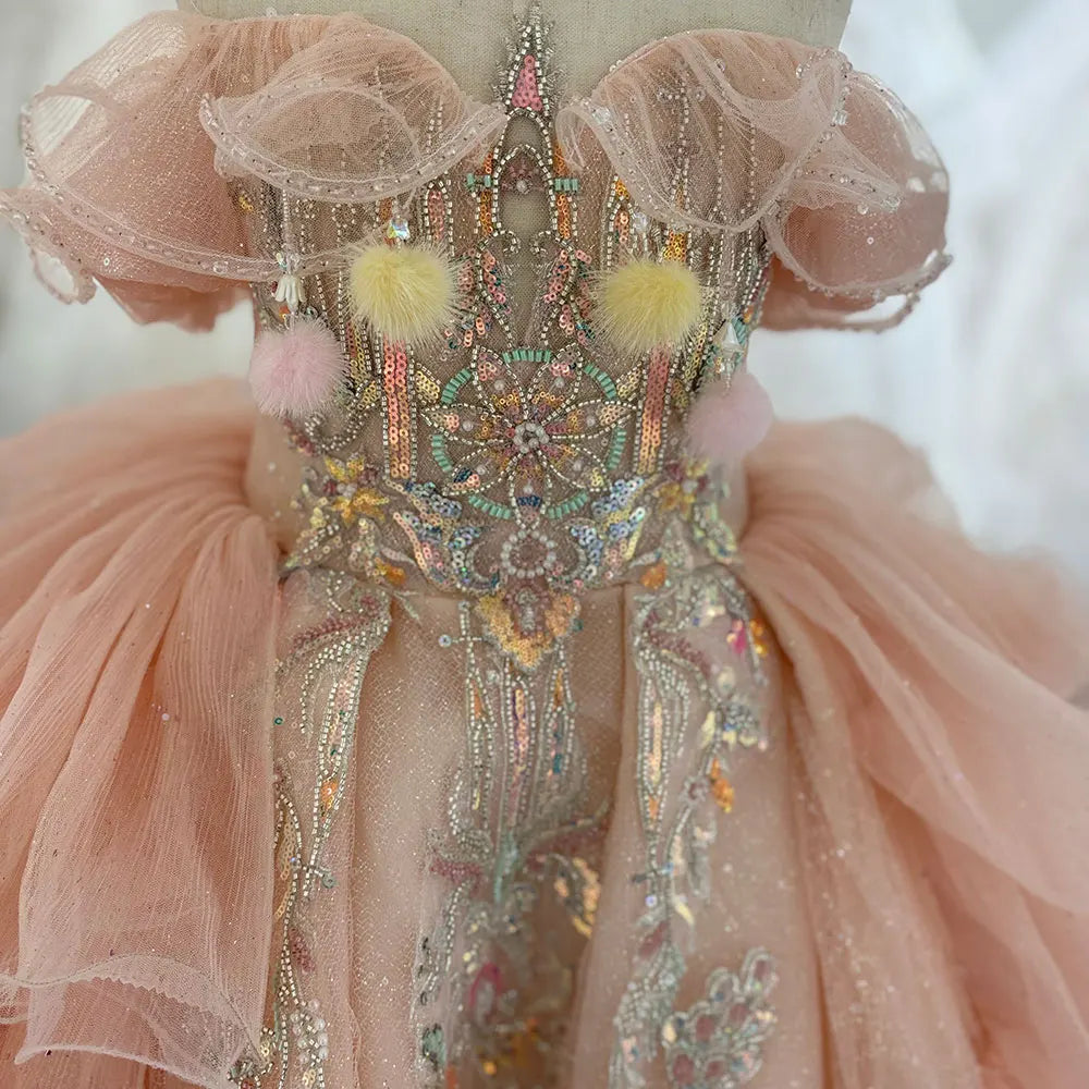 MQTIME - Luxury Coral Girl Dress Beaded Crystal Kids Princess Birthday Wedding Party Children Holiday Communion Gown 2024 J080