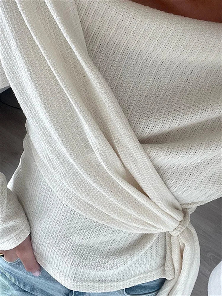 nvxiot - Casual Bandage Patchwork T-shirt Pullover Female Solid Lace-Up Off-Shoulder Slim Pleated White Tee Women Knit Sweater Top