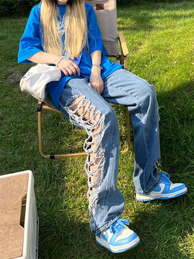 nvxiot - Side Ripped Hole Hollow Out Women's Jeans Denim Pant trousers punk hippie grunge 2023 fashion harajuku streetwear y2k high waist
