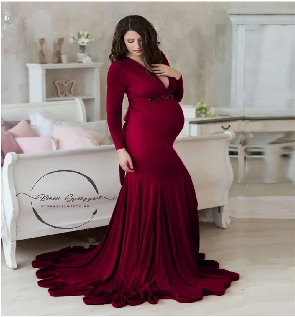 nvxiot - Sexy Maternity V-neck Dresses Photography Long clothing Pregnancy Shoot Maxi Gown For Baby Showers Pregnant Women Photo Props