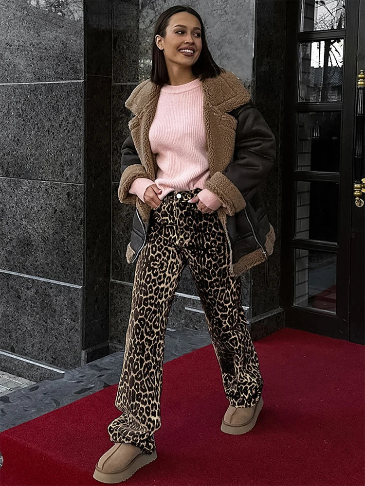 MQTIME - Summer Winter 2024 Women Leopard Trousers Streetwear High Waist Straight Pants For Women