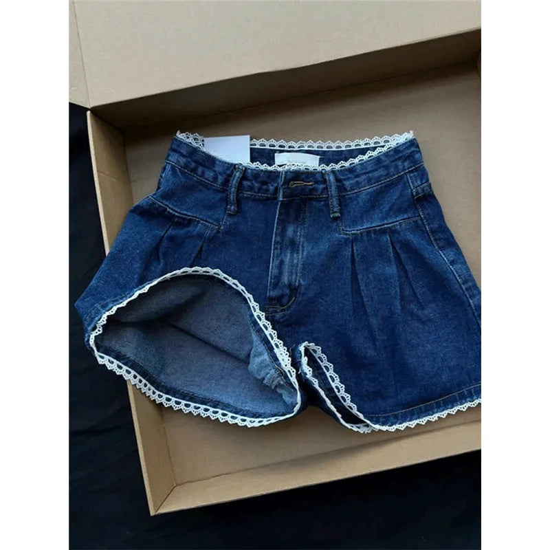 MQTIME - Women's Shorts Summer Dark Blue High Waist Jeans Y2K Straight A Sense of Niche Design Streetwear Vintage Wide Leg Denim Shorts
