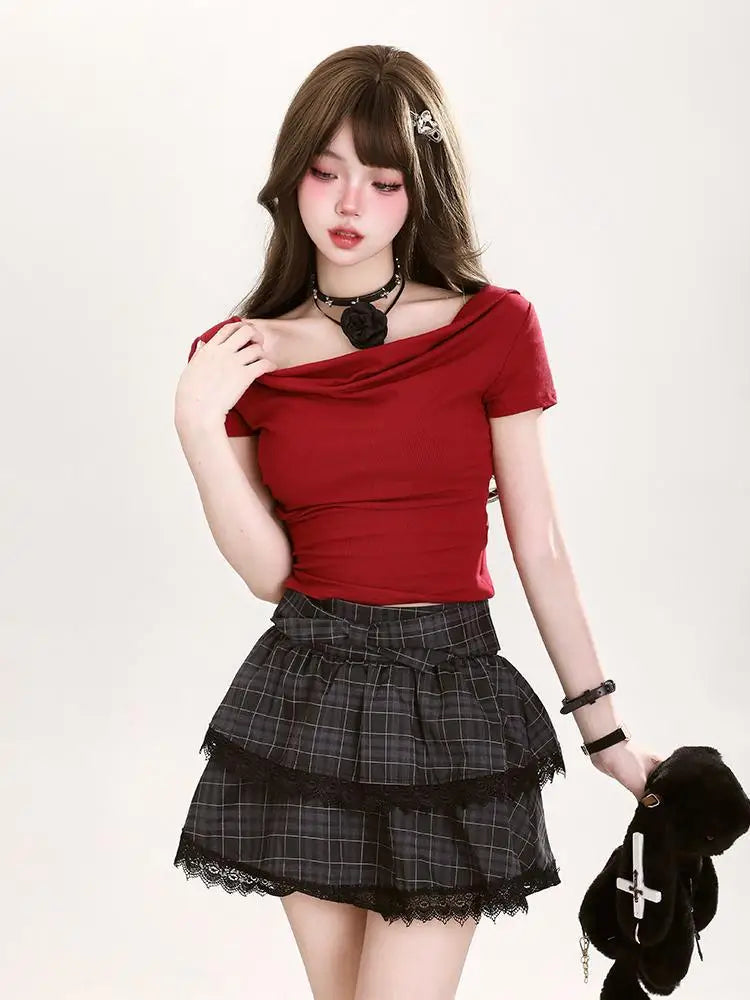 MQTIME - Plaid Mini Skirt Women Lace Patchwork High Wasit Ball Gown Skirts with Bow Korean Fashion Preppy Style Uniform Clothes