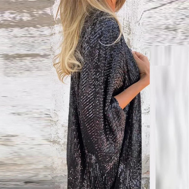 MQTIME - 2024 Women's Elegant Commuting Coat Spring Autumn Thin Sequined Long Sleeved Cardigan Fashion V-neck Solid Color Slim Fit Jacket