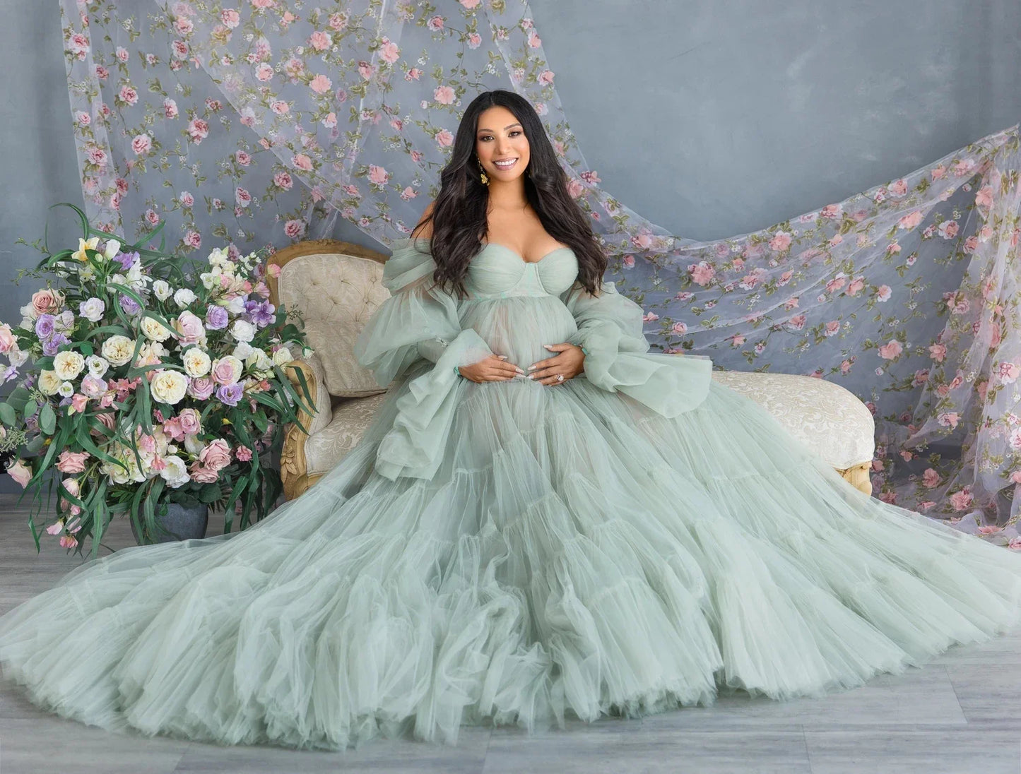 nvxiot Elegant Tulle Maternity Dress for Photoshoot Ruffle Puff Sleeves Bridal Robe Maternity Gowns Green Pregnancy Photography Dresses