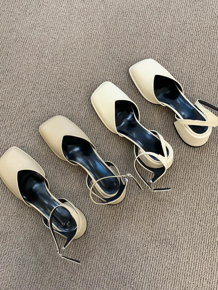 MQTIME - Summer Hollow Out Pure Color Sandals Woman Non Slip Casual Elegant Shoes Beach Korean Style Buckle Medium Heels Shoes Slim
