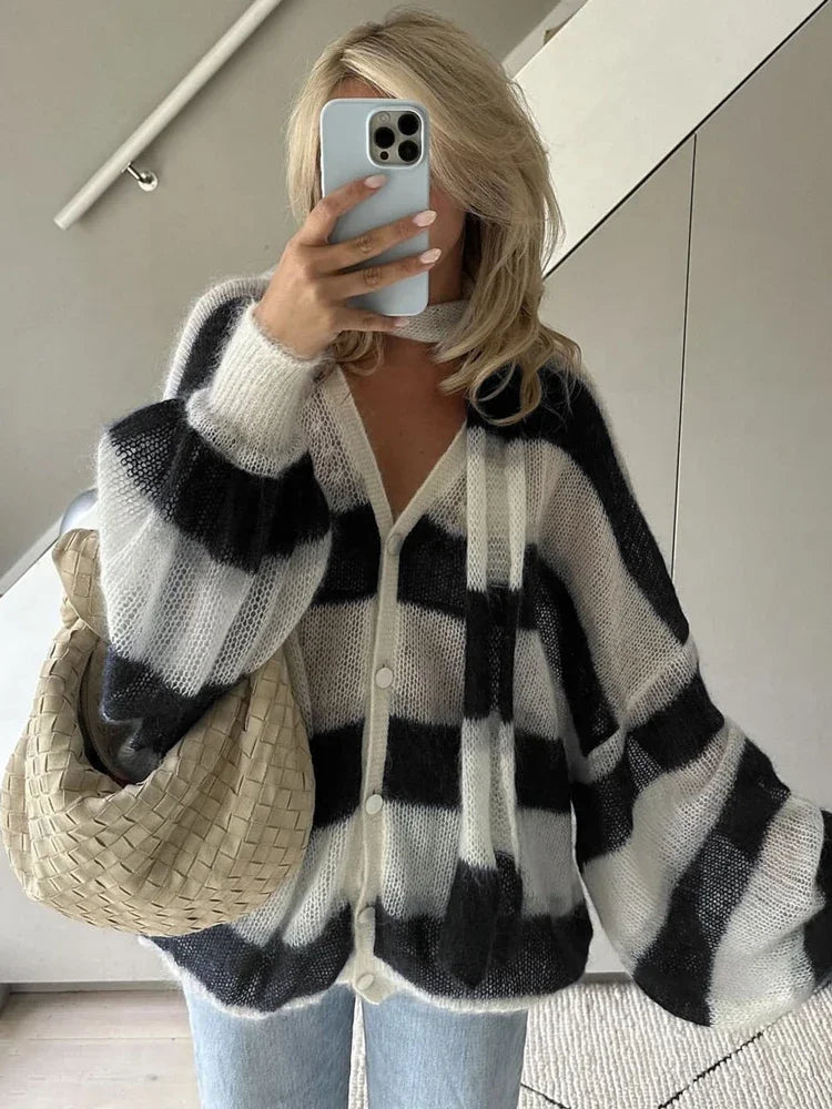 MQTIME - V-Neck Scarf Sweater Cardigan Female Contrast Casual Patchwork Autumn Hollow Out Outwear Women's Knitwear Coat Cardigan