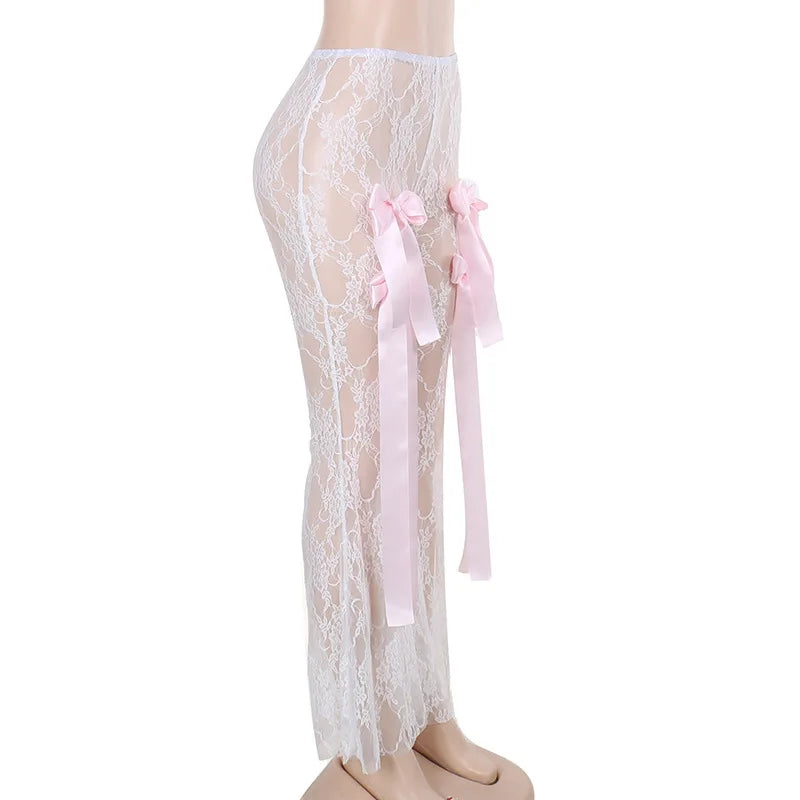 nvxiot - Bow Splice Sheer Lace Flare Pants Women Sexy See Through High Waist Slim Boot Cut Trousers Hot Girls Clubwear Party Bottoms