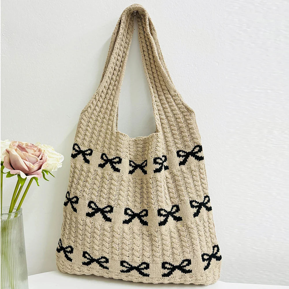 nvxiot - Knitted Handbags Large Capacity Bow Pattern Crochet Tote Bag Bow Pattern Crochet Tote Bag Multifunctional Knitted Shopping Bag