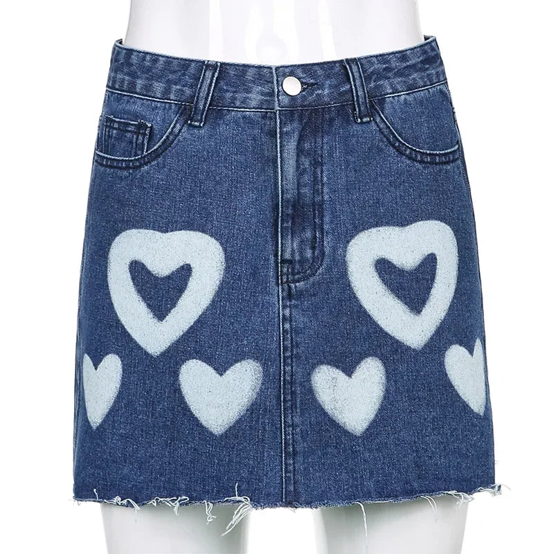 MQTIME - Y2k Vintage Party Club Streetwear Mini Skirts Bodycon Clothes 2024 Fashion Harajuku Women Lovely Heart Print A Line Denim Skirt