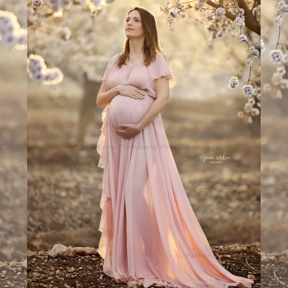nvxiot - Maternity Photography Dress Shoulder Ruffle Sleeve Chiffon Dress Baby Shower Dress Bohemian Photo Shooting Pregnancy Dress