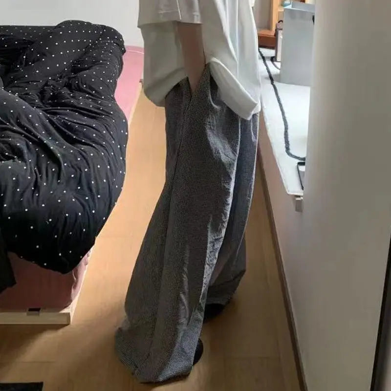 nvxiot - Spring New Korean Style Home Wear Casual Lazy Small Plaid Loose Wide Leg Pants for Women High Waist Sportpants Women Clothing